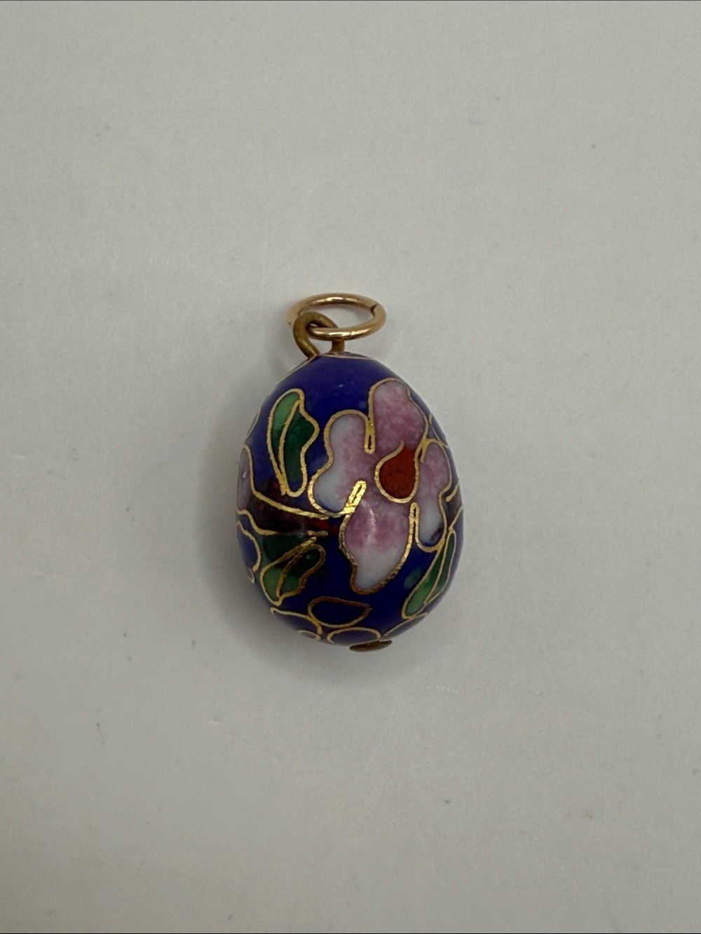 Vintage Gold Tone Blue Cloisonné Floral Egg Shaped Dainty Statement Pendant